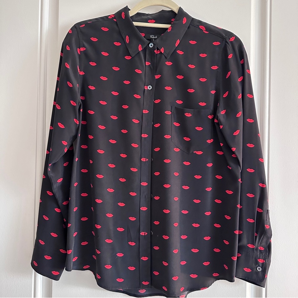 Rails Black 100% Silk Top with Red Lip Print